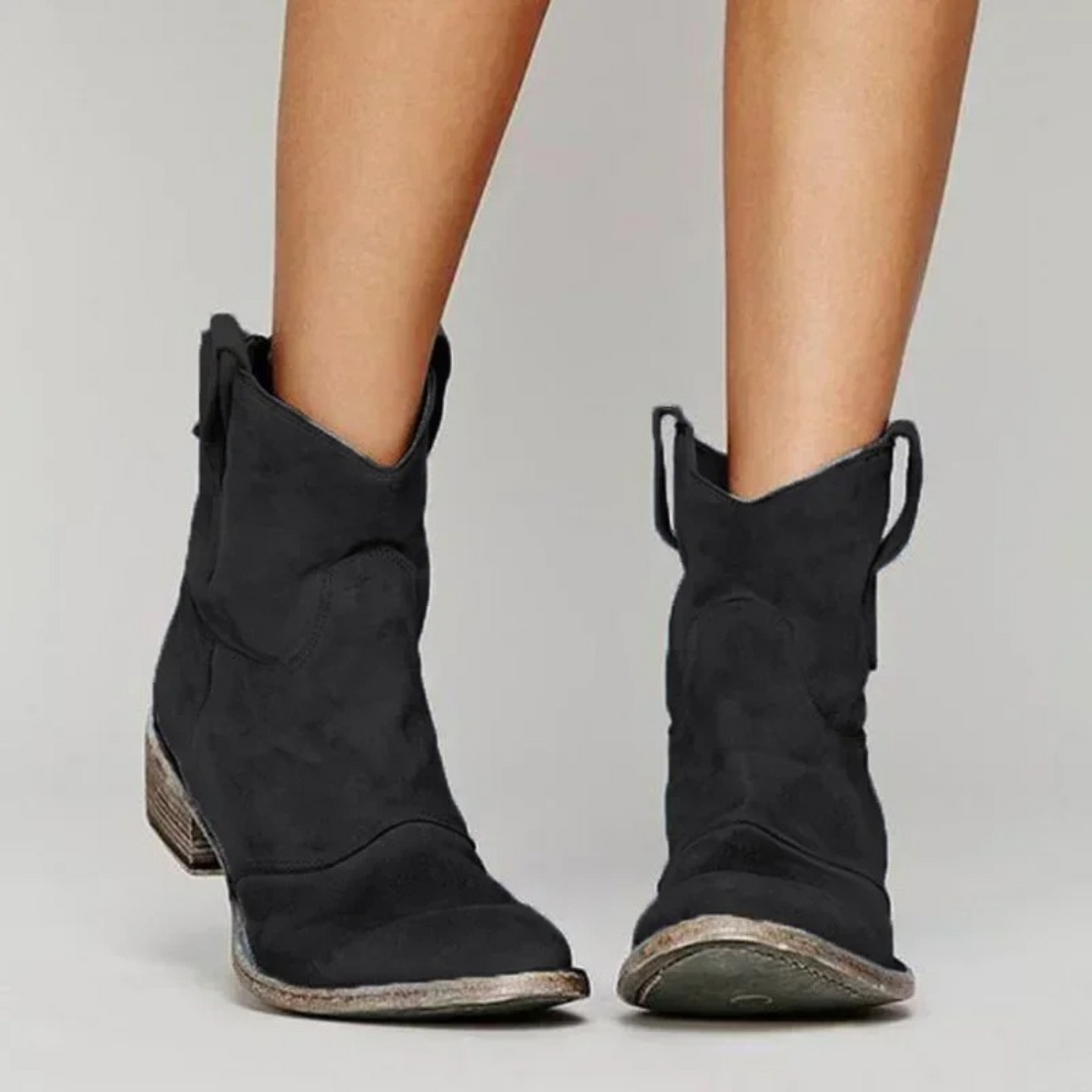 Women's Western Ankle Boots – Faux Suede Low Heel Cowboy Booties