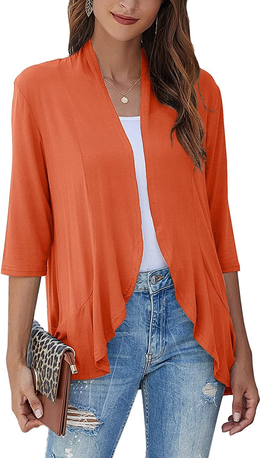Open Front Draped Cardigan – Women's 3/4 Sleeve Lightweight Layer