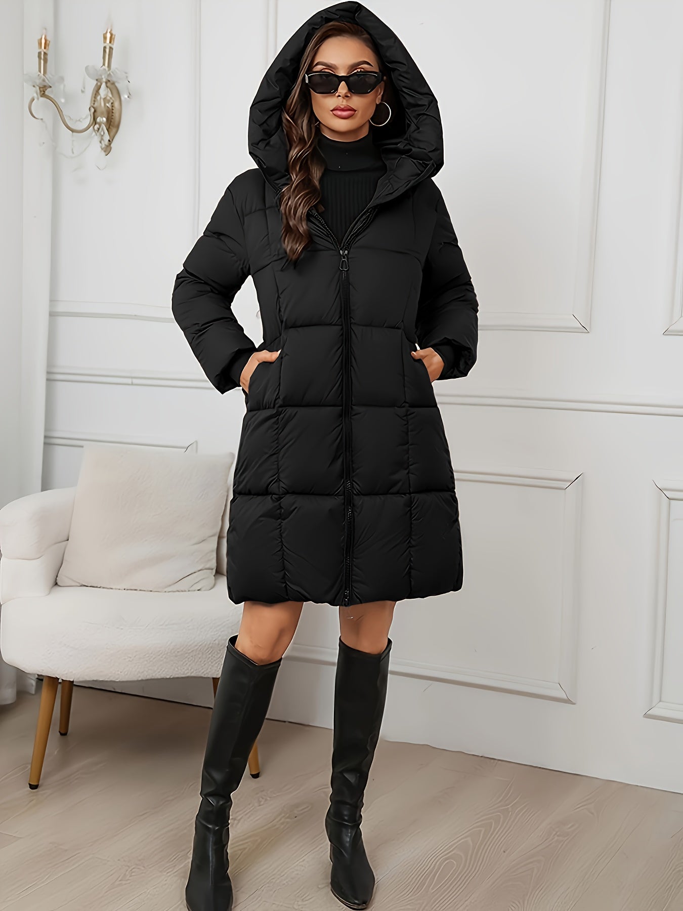 Quilted Longline Puffer Coat – Hooded Zip-Up Winter Coat