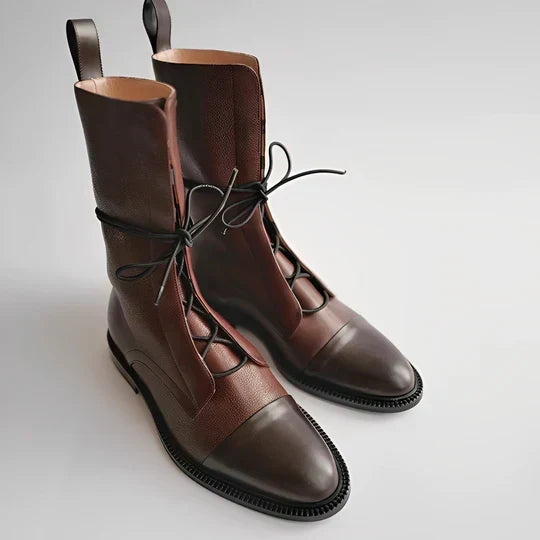 Leather Lace-Up Mid-Calf Boots – Cap-Toe Flat Women's Boots