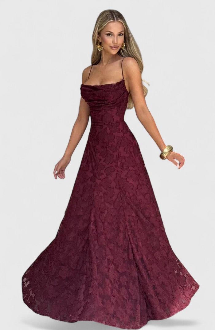 Floral Appliqué A-Line Maxi Dress – Cowl Neck Lace-Up Open Back