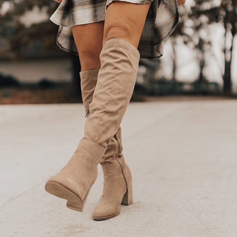 Suede Knee High Boots – Chunky Block Heel Slouch Side Zip