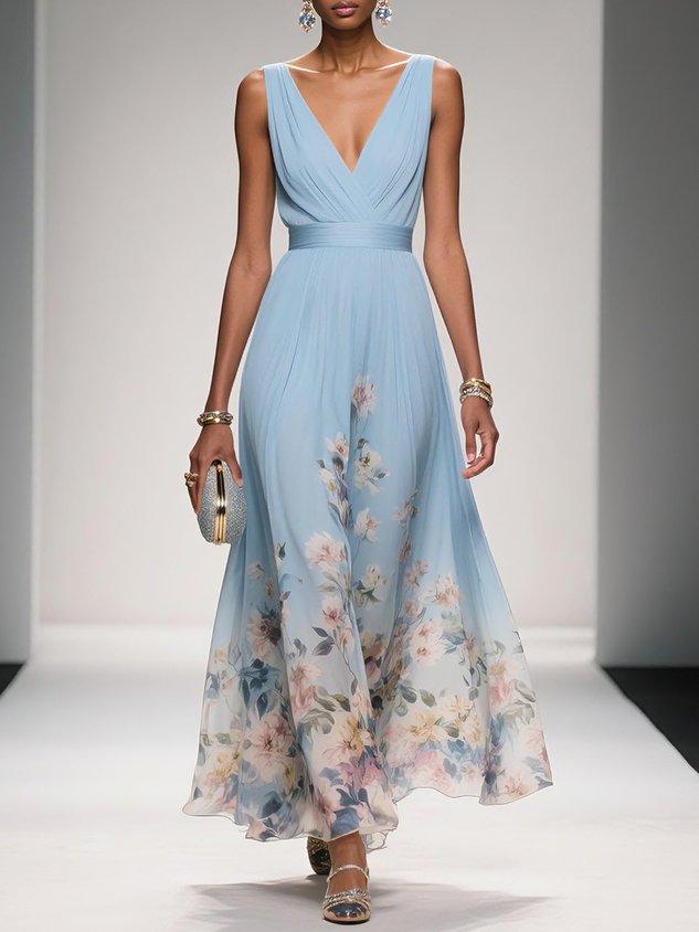 Women's Floral Chiffon Maxi Dress – Sleeveless Deep V-Neck Flowy Summer Dress