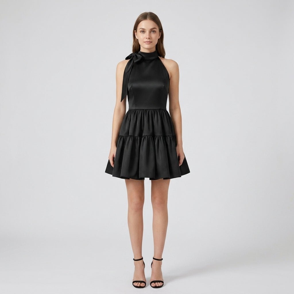 halter bow front a line mini dress Satin – Tiered Skirt & Back – Elixy Supply Sweatshirt Dress Pattern Woman tahiti cocktail parties Knobs:Gold