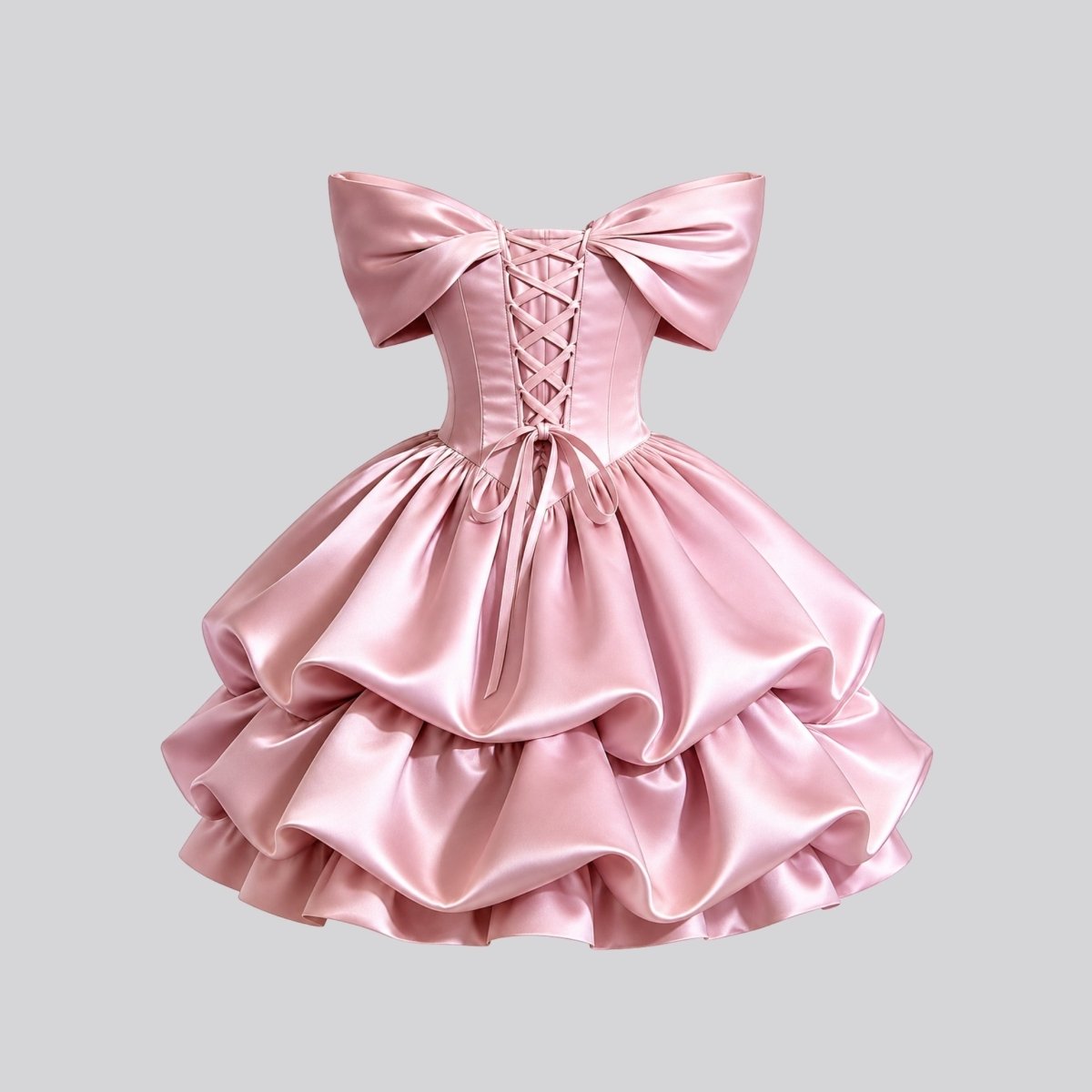 Satin Off-Shoulder Corset Mini Dress – Tiered Bubble Skirt Blush Pink