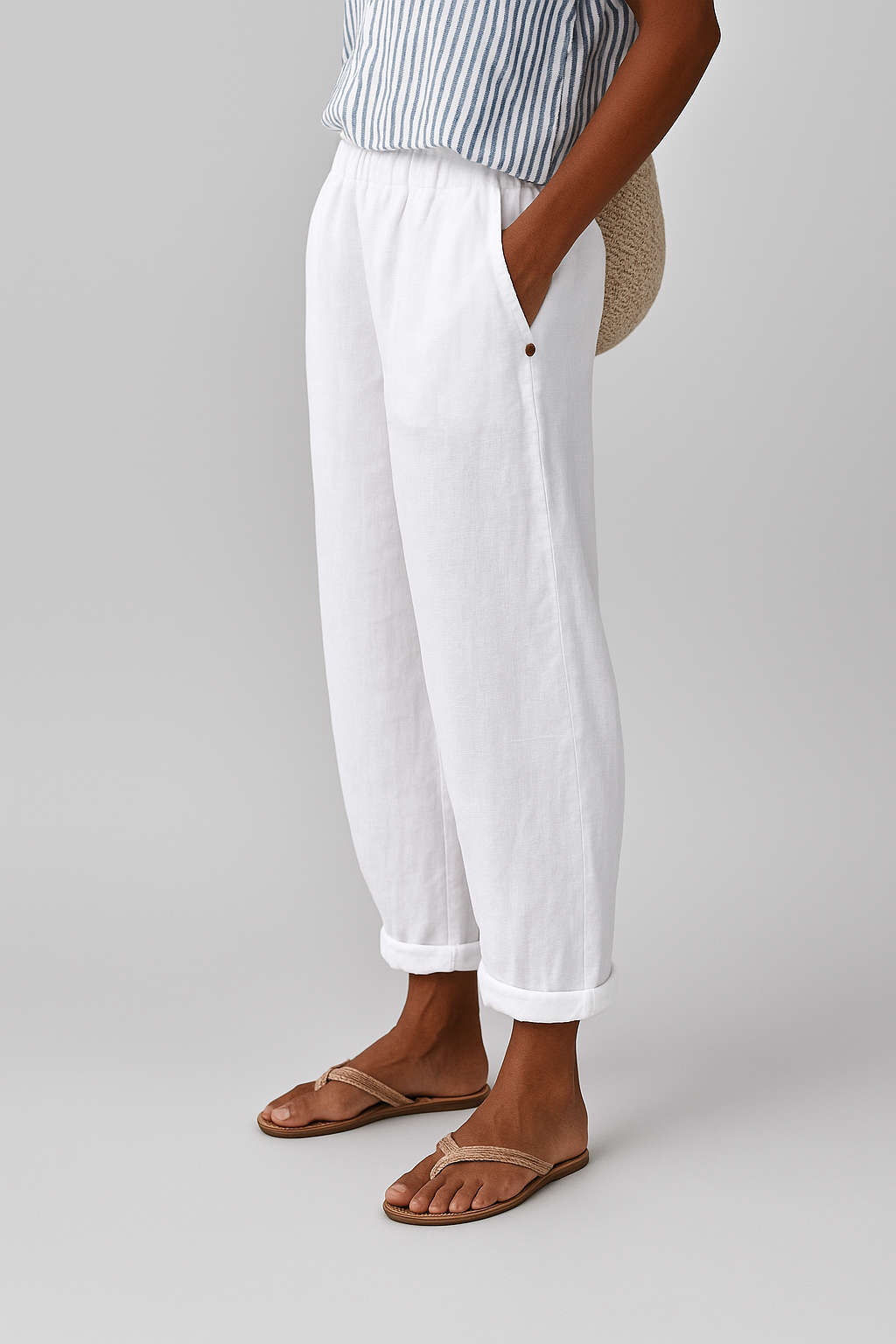 Women's Linen Tapered Cropped Pants – Elastic Waist with Cuffed Hem
