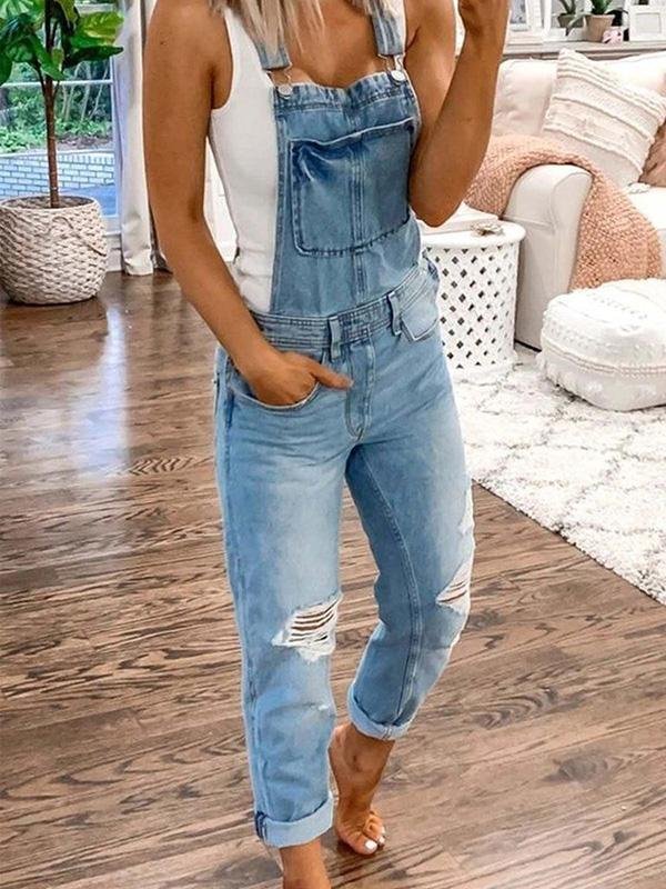 Ripped Denim Overalls – Women's Relaxed Fit Distressed Bib