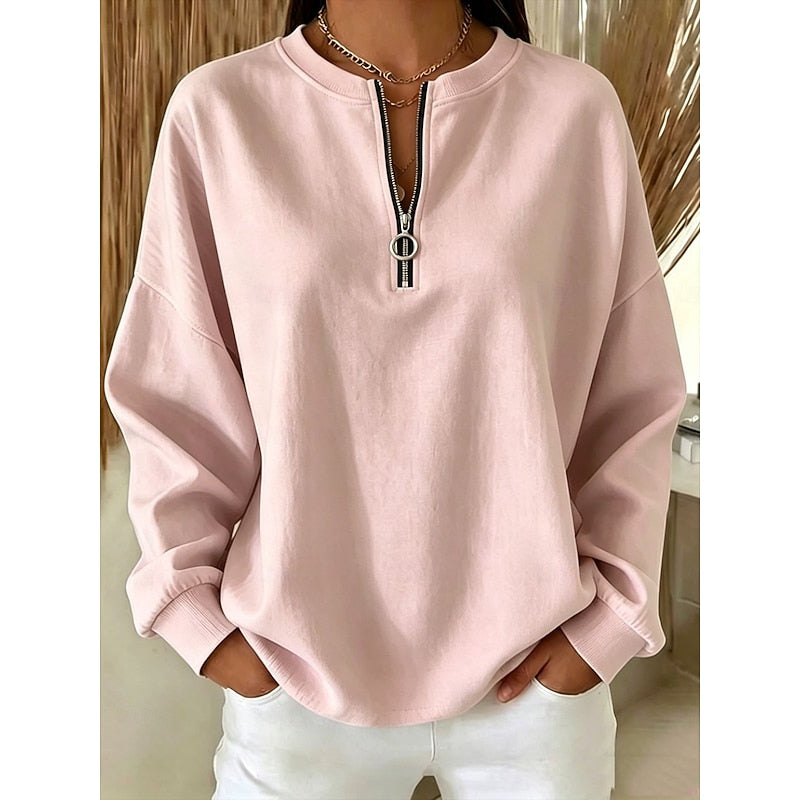 Quarter Zip Pullover Sweatshirt – Oversized Long Sleeve Casual Top