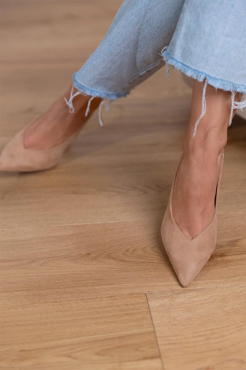 Suede Slingback Kitten Heel Pumps – Pointed Toe Nude Heels