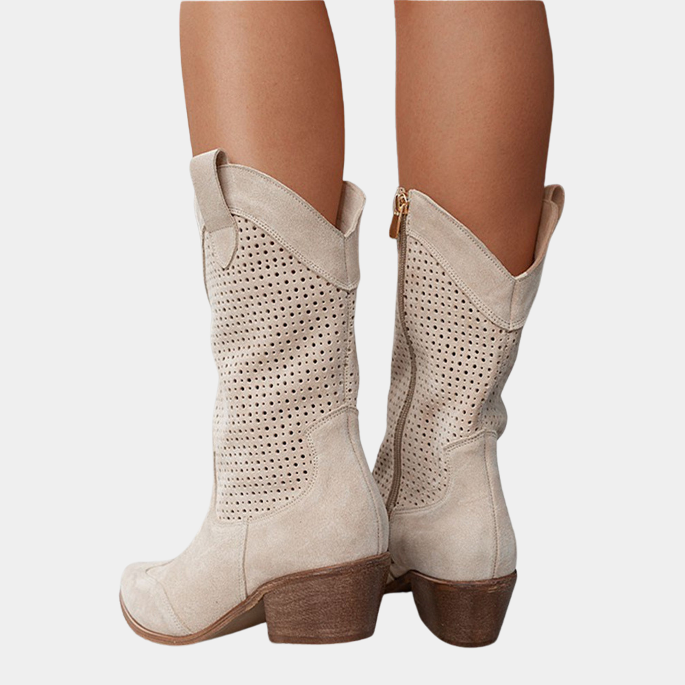 Perforated Western Cowboy Boots – Mid-Calf Block Heel Pull-On