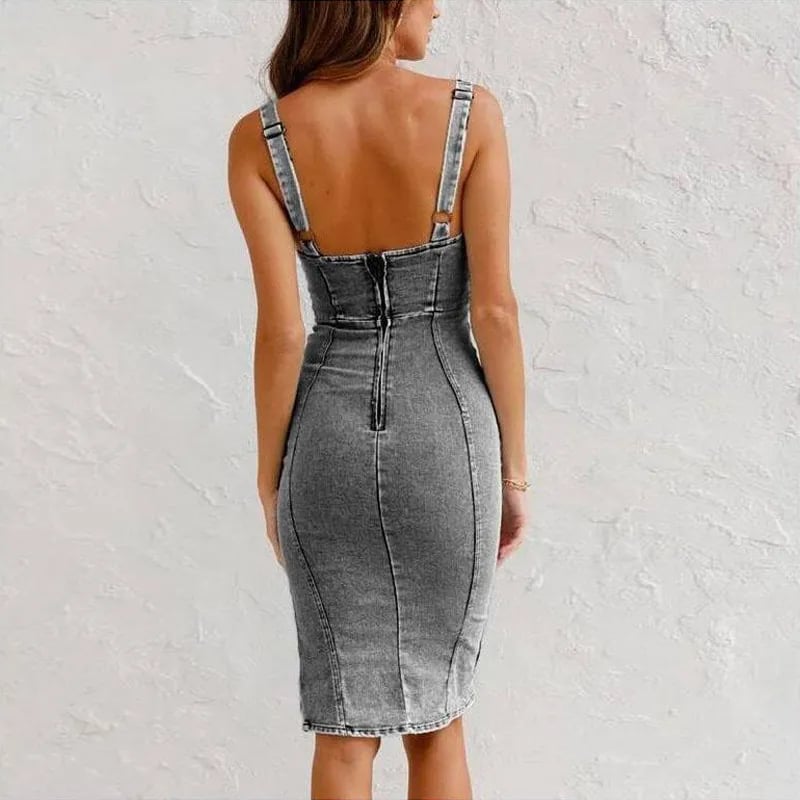 Stretch Denim Bodycon Midi Dress – Sleeveless Side Slit Scoop Neck