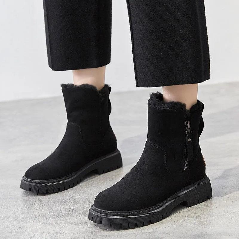 Fur Lined Suede Ankle Snow Boots – Platform Lug Sole Side Zip