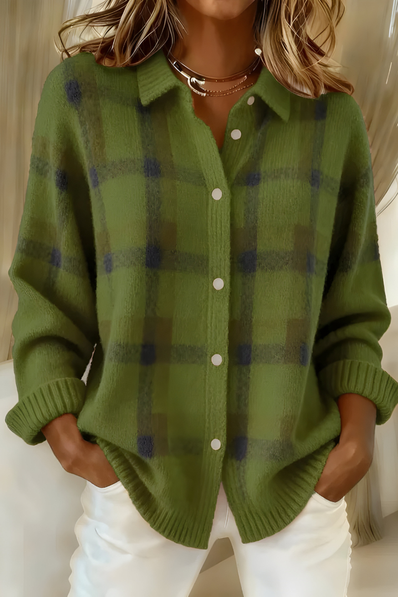 Plaid Knit Cardigan – Oversized Button-Front Long Sleeve