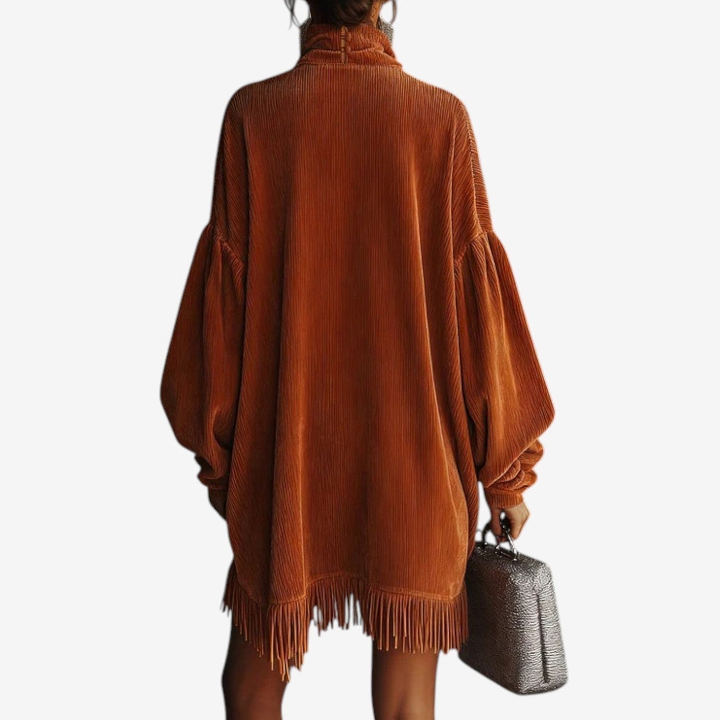 Ribbed Fringe Hem Sweater Dress – Oversized Turtleneck Mini