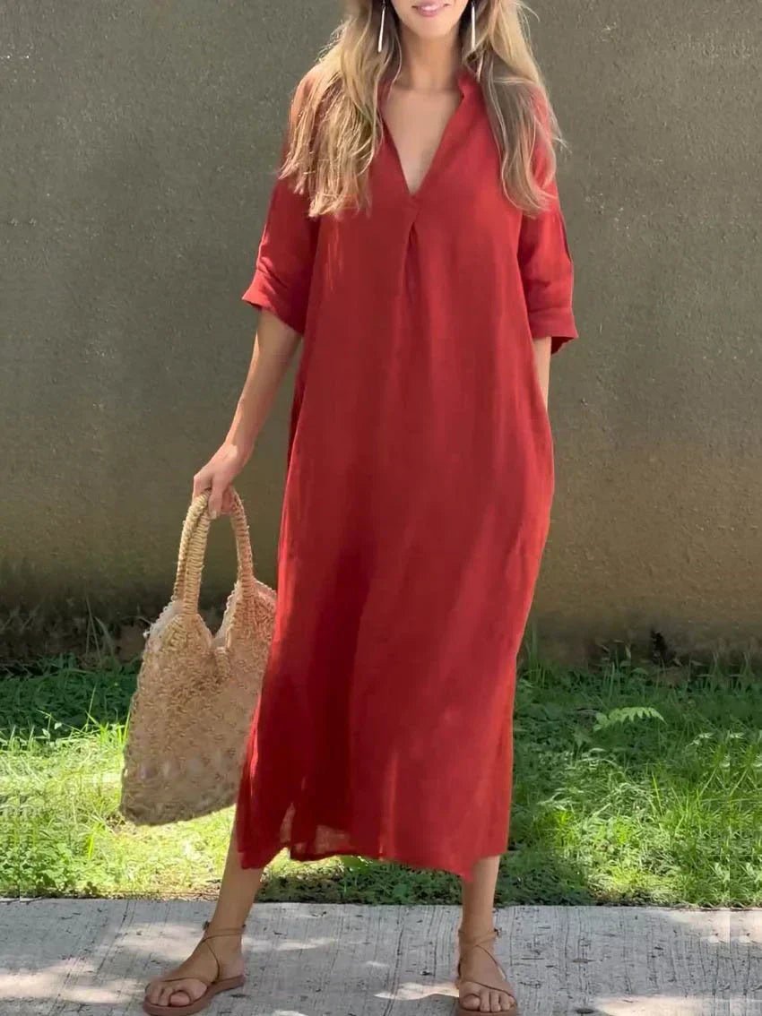 Linen Maxi Dress – V-Neck 3/4 Sleeve Relaxed Fit Summer Dress