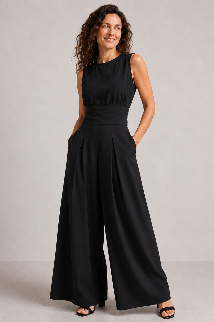 Wide-Leg Two-Piece Set – Sleeveless Mock Neck Top Pleated Trousers