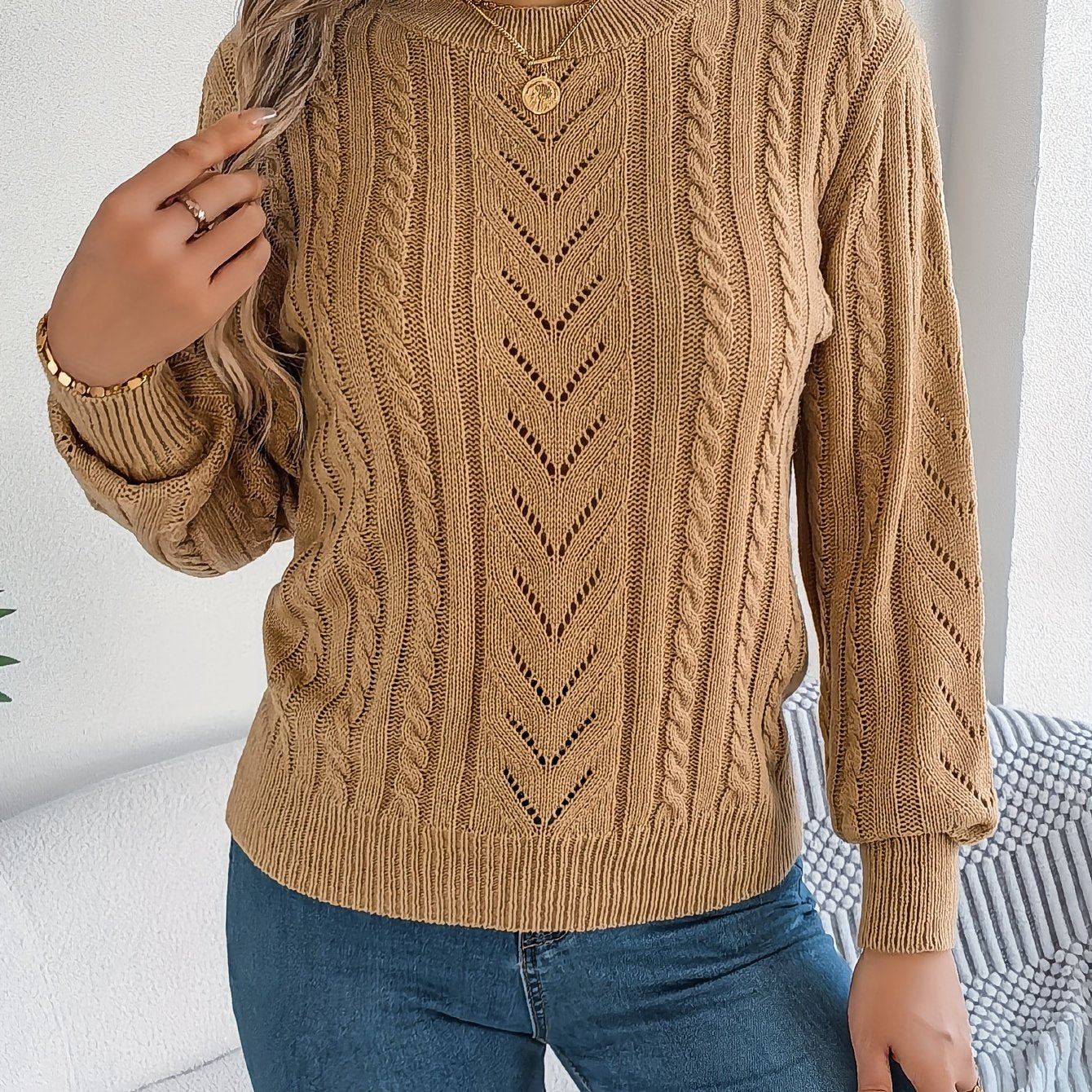 Cable Knit Openwork Pullover Sweater – Crewneck Long Sleeve Relaxed Fit
