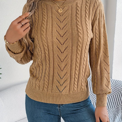Cable Knit Openwork Pullover Sweater – Crewneck Long Sleeve Relaxed Fit