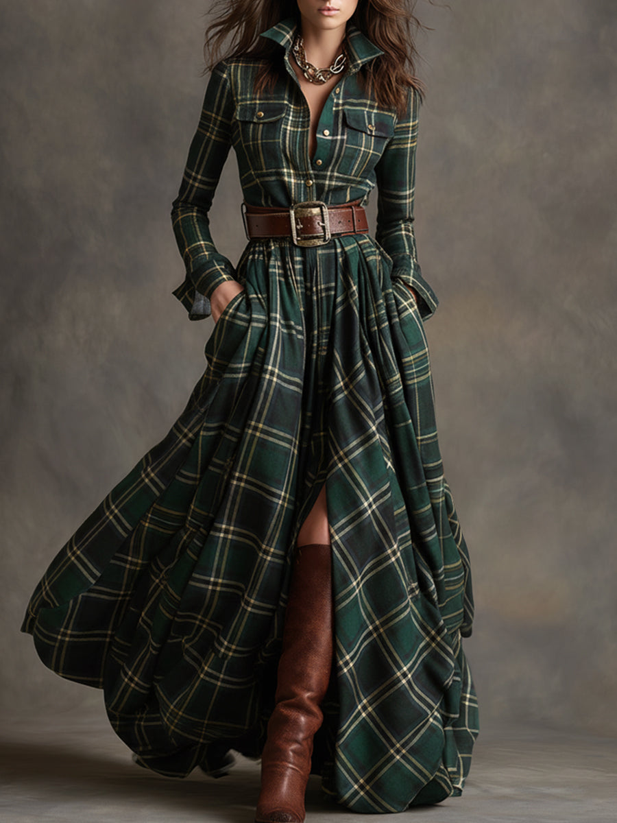 Plaid Maxi Shirt Dress – Long Sleeve Belted Tartan Dress