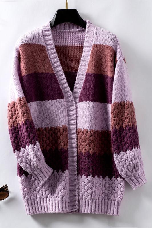 Oversized Color Block Knit Cardigan – Open Front Striped Long Sleeve