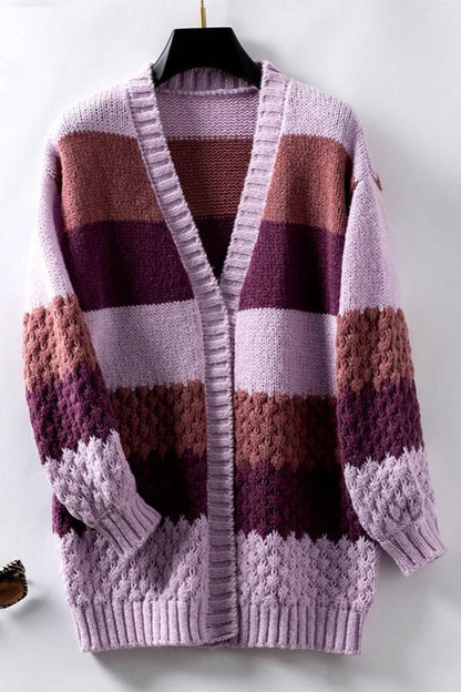 Oversized Color Block Knit Cardigan – Open Front Striped Long Sleeve