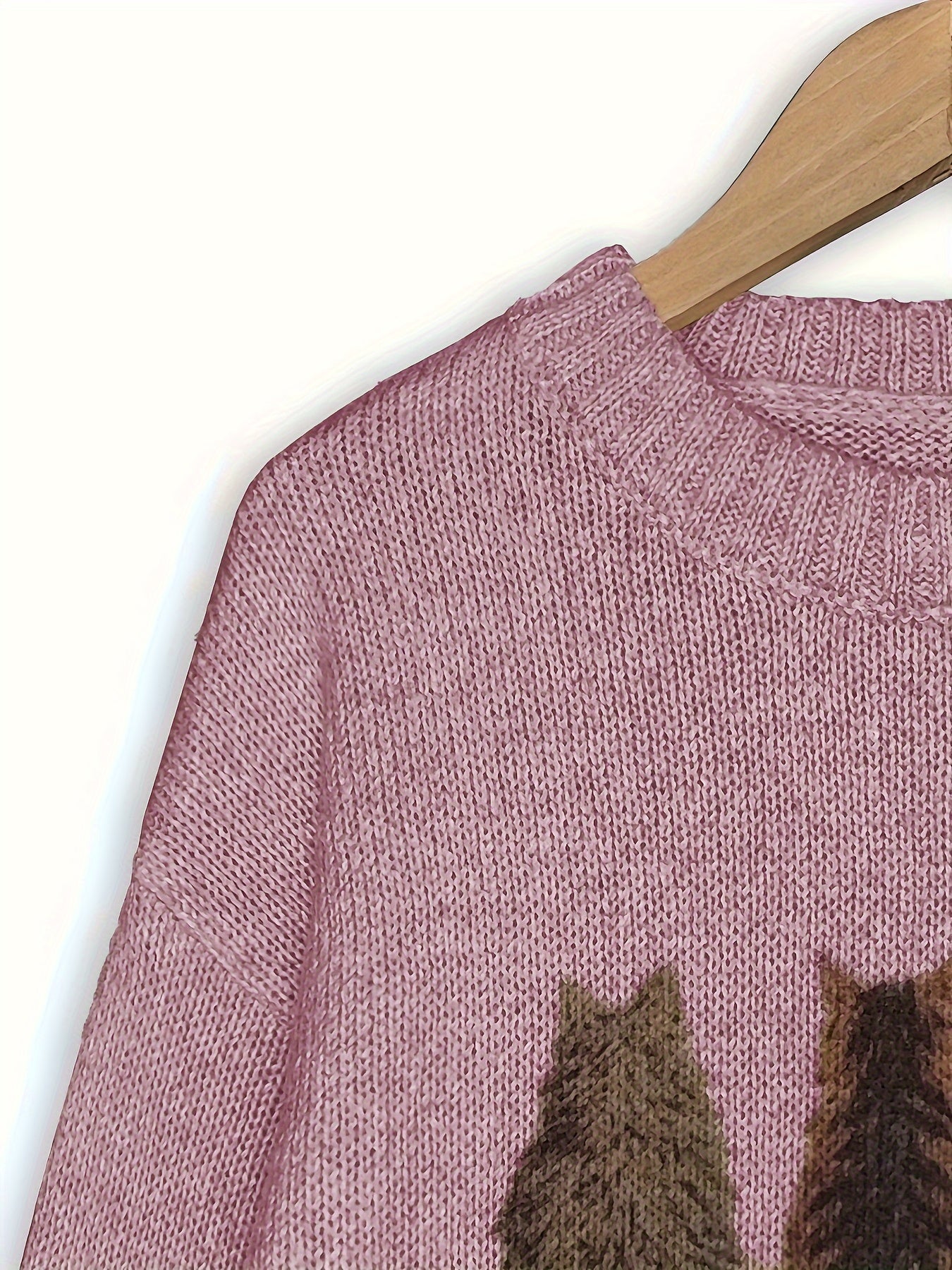 Cat Print Knit Pullover Sweater – Crewneck Relaxed Fit Long Sleeve