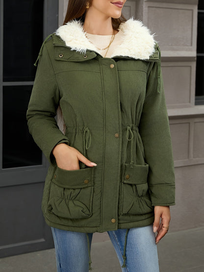 Fleece-Lined Hooded Parka – Women's Drawstring Waist Winter Coat