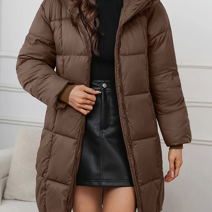 Quilted Longline Puffer Coat – Hooded Zip-Up Winter Coat