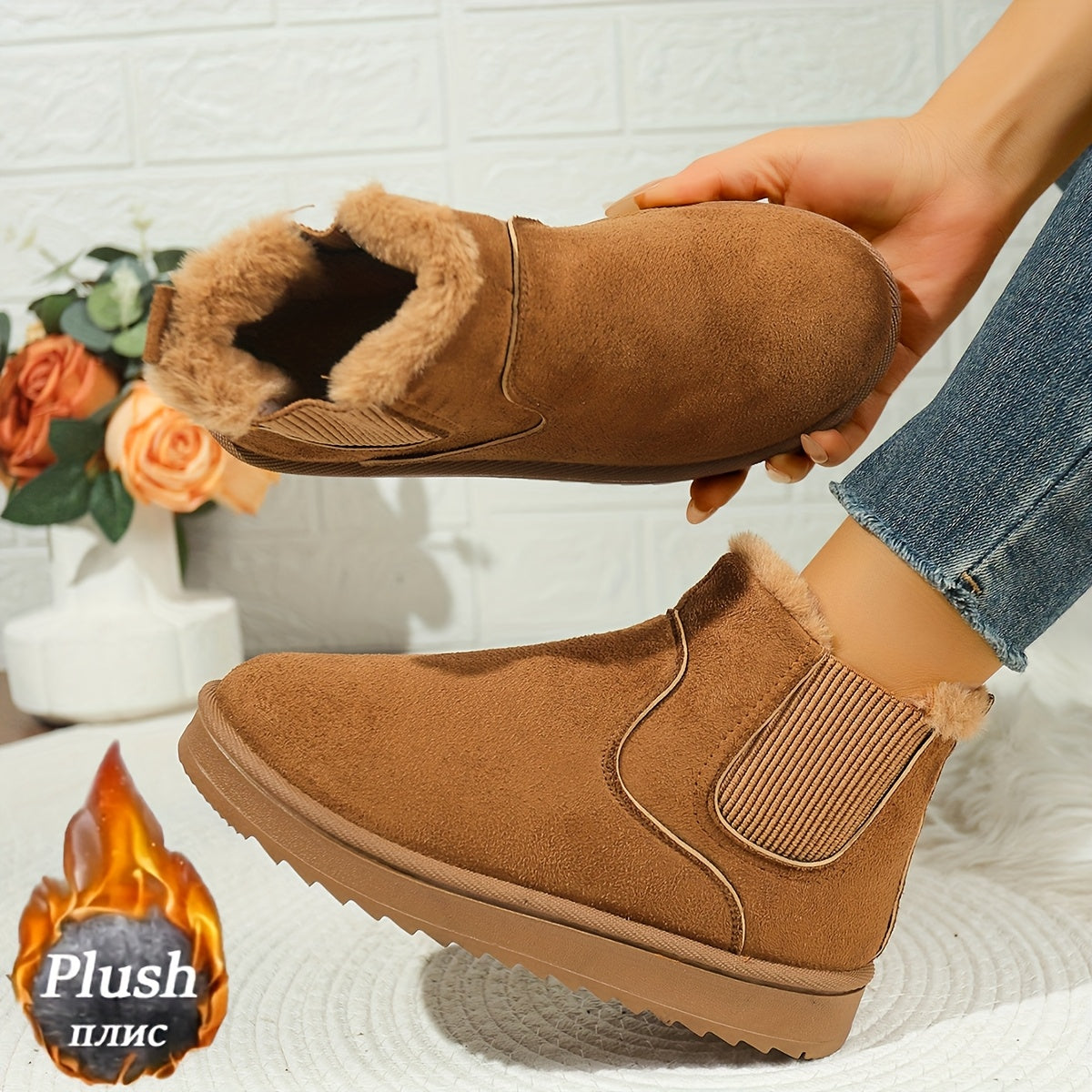 Faux Suede Fur-Lined Slip-On Ankle Boots – Plush Winter Booties