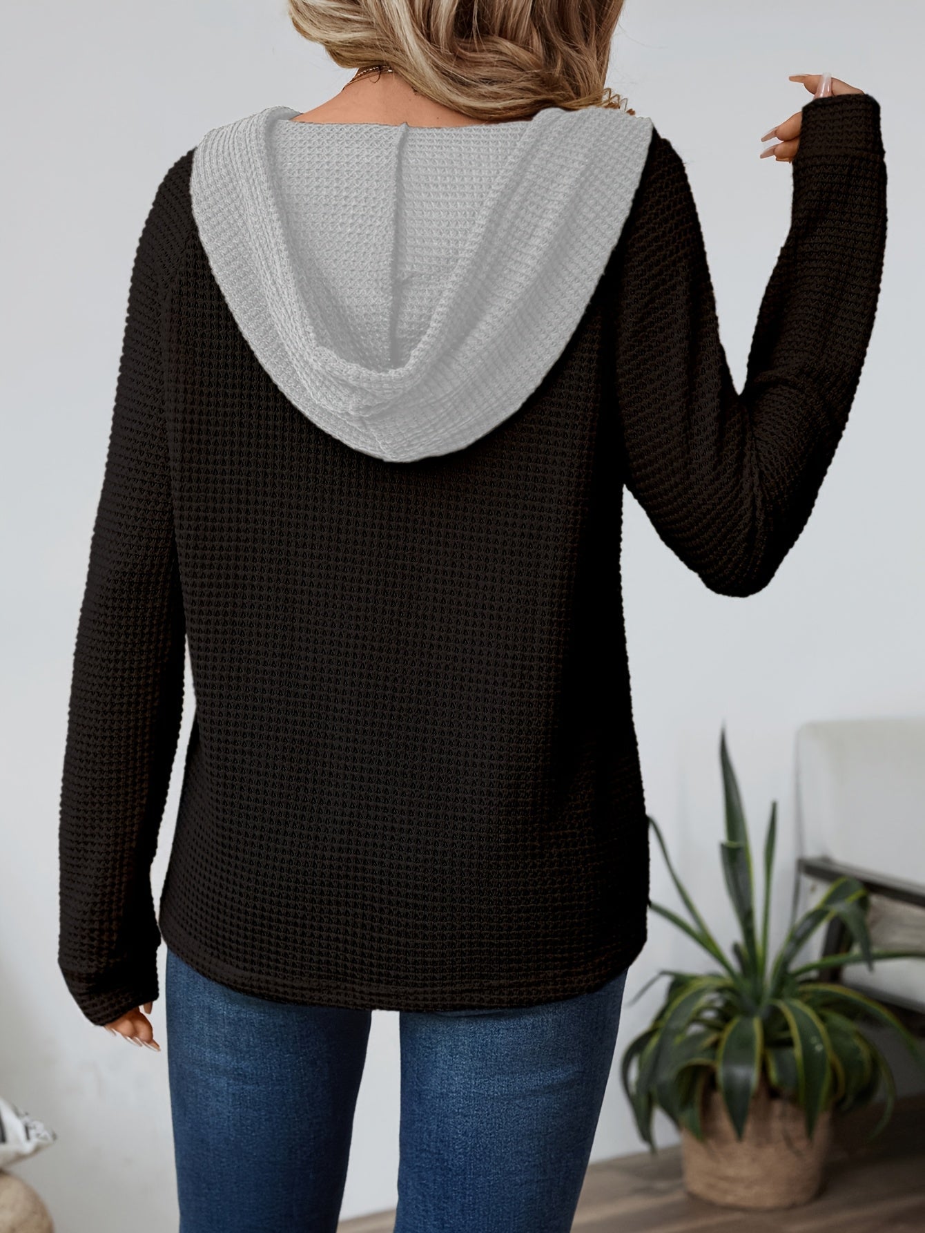 Waffle Knit Hoodie Top – Color Block Henley Long Sleeve