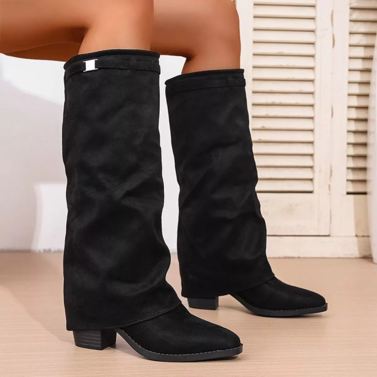 Slouchy Knee High Boots – Pointed Toe Block Heel Fold-Over