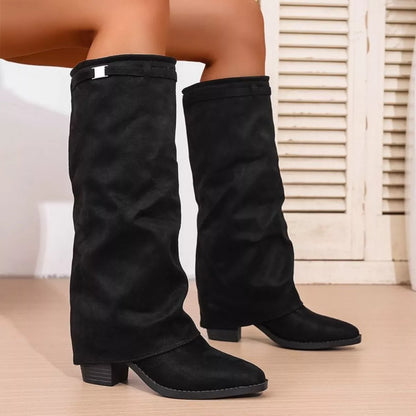 Slouchy Knee High Boots – Pointed Toe Block Heel Fold-Over