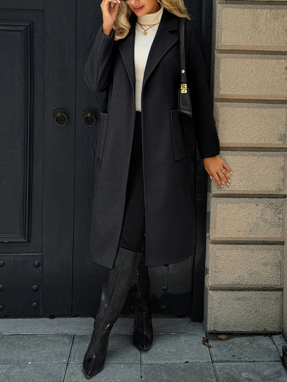 Belted Wool-Blend Long Coat – Lapel Wrap Camel Overcoat