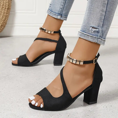 Suede Block Heel Sandals – Open Toe Ankle Strap Metal Detail