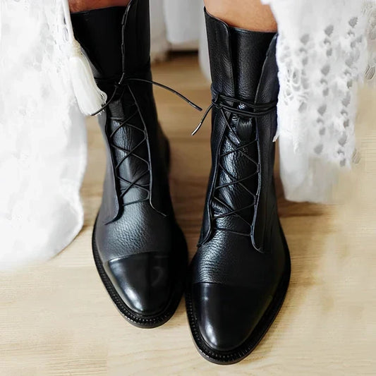 Leather Lace-Up Mid-Calf Boots – Cap-Toe Flat Women's Boots