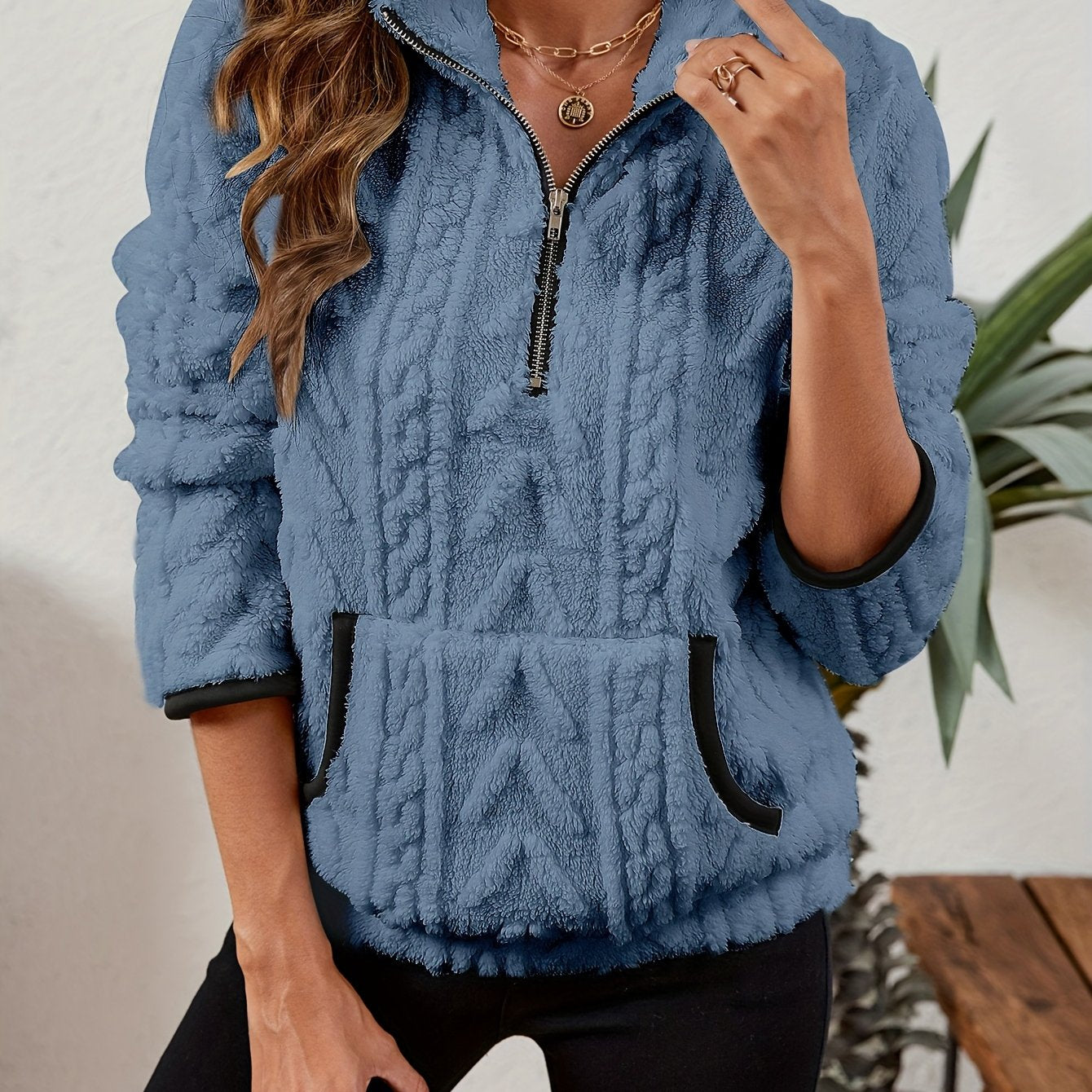 Sherpa Fleece Half-Zip Pullover – Textured Long Sleeve with Kangaroo Pocket