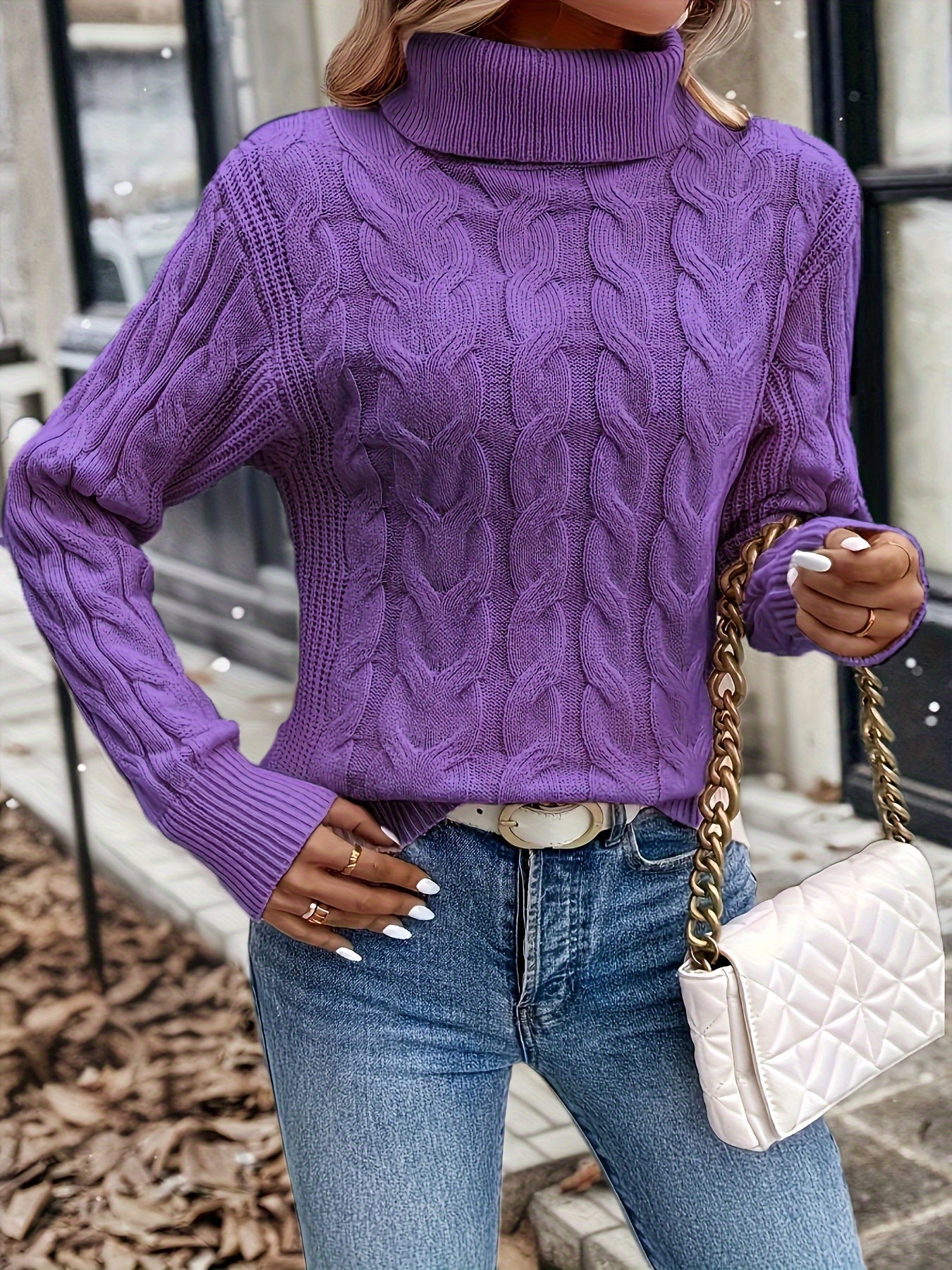 Cable Knit Turtleneck Sweater – Women's Long Sleeve Pullover
