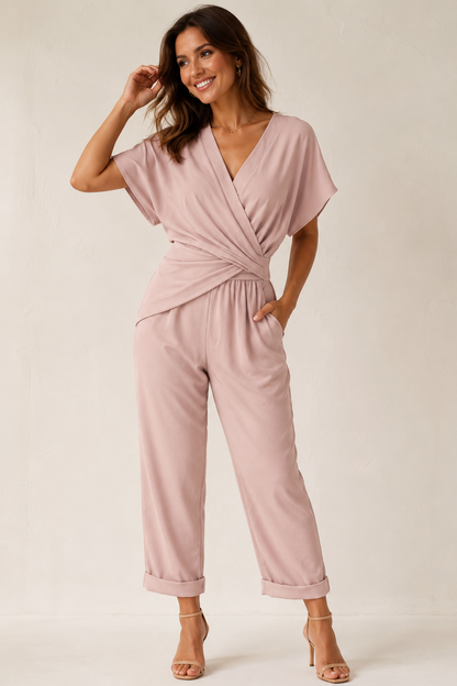 Wrap V-Neck Wide Leg Jumpsuit – Short Sleeve Summer Jumpsuit