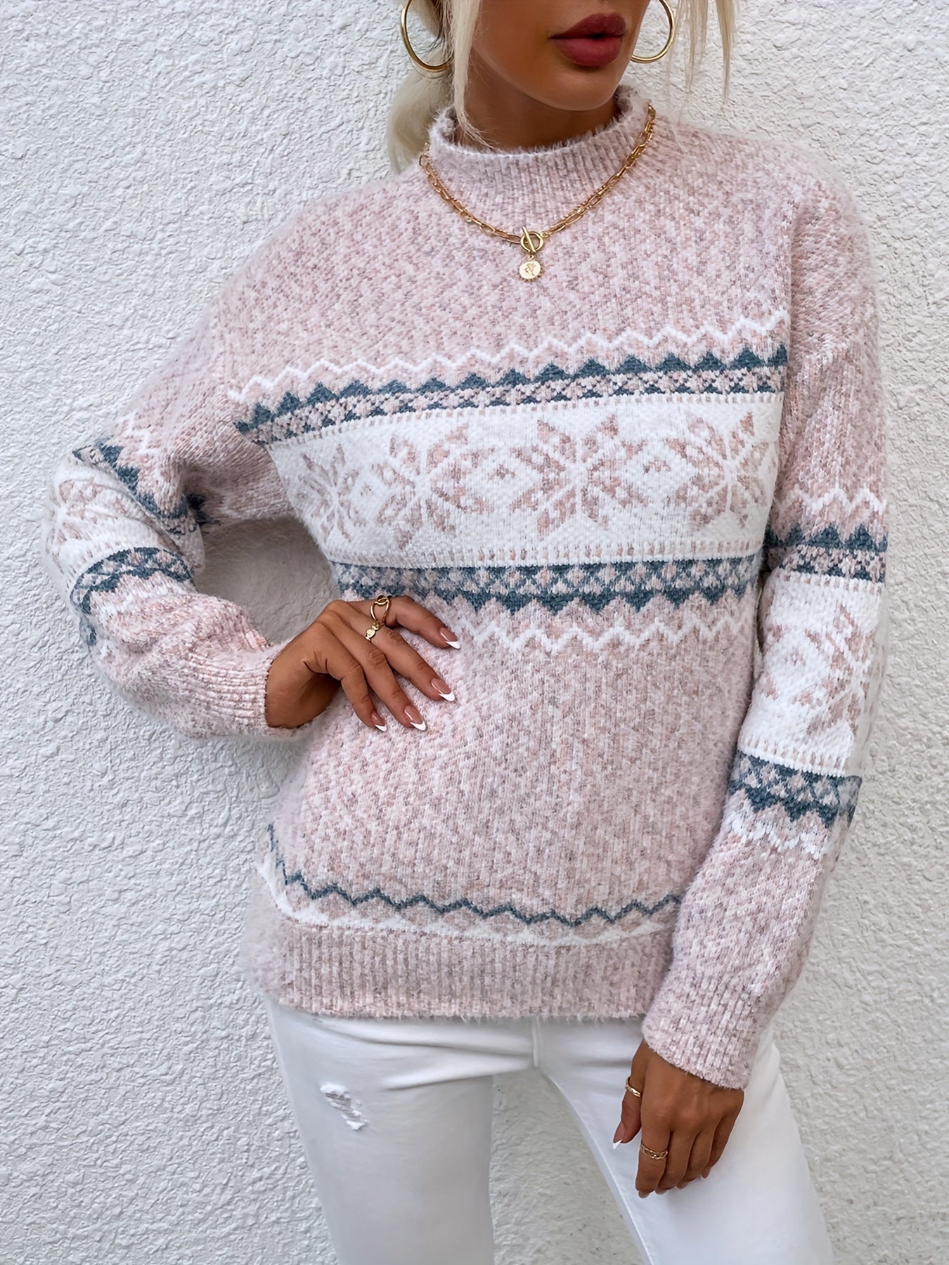 Fair Isle Snowflake Mock Neck Sweater – Relaxed Fit Winter Pullover