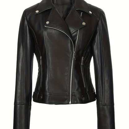 Faux Leather Moto Jacket – Asymmetric Zip Cropped Biker Jacket