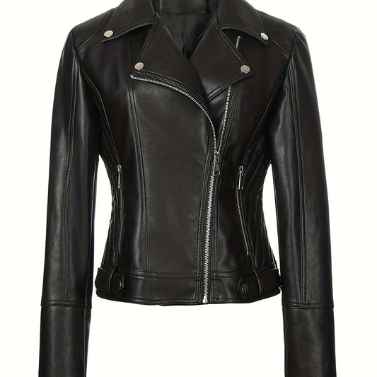 Faux Leather Moto Jacket – Asymmetric Zip Cropped Biker Jacket