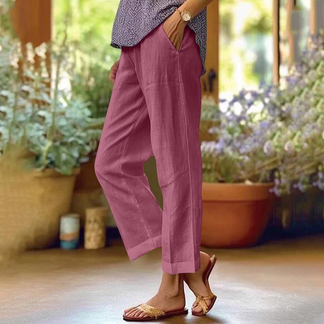 Linen Cropped Trousers – Straight Leg Elastic Waist Cuffed Pants