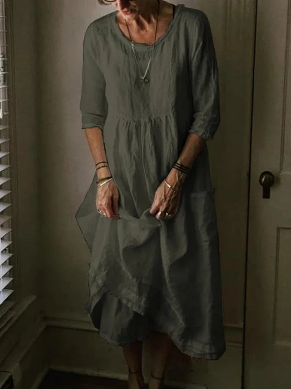 Women's Linen Midi Dress – Loose Fit 3/4 Sleeve Round Neck Casual Dress