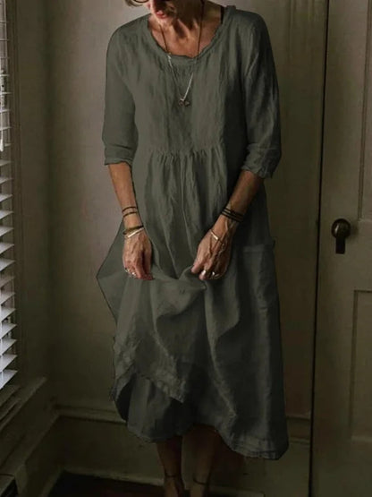 Women's Linen Midi Dress – Loose Fit 3/4 Sleeve Round Neck Casual Dress