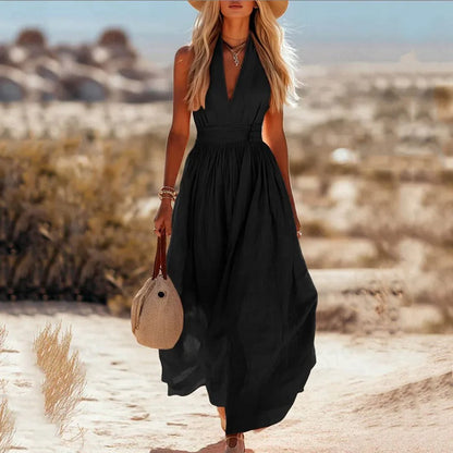 Linen Halter Neck Maxi Dress – Boho Flowy Sleeveless Summer Dress