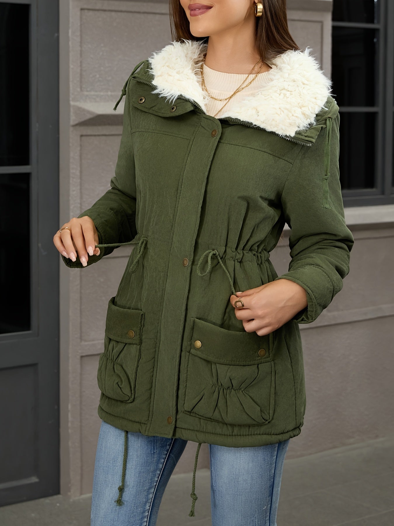 Fleece-Lined Hooded Parka – Women's Drawstring Waist Winter Coat
