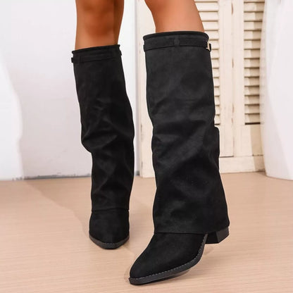 Slouchy Knee High Boots – Pointed Toe Block Heel Fold-Over