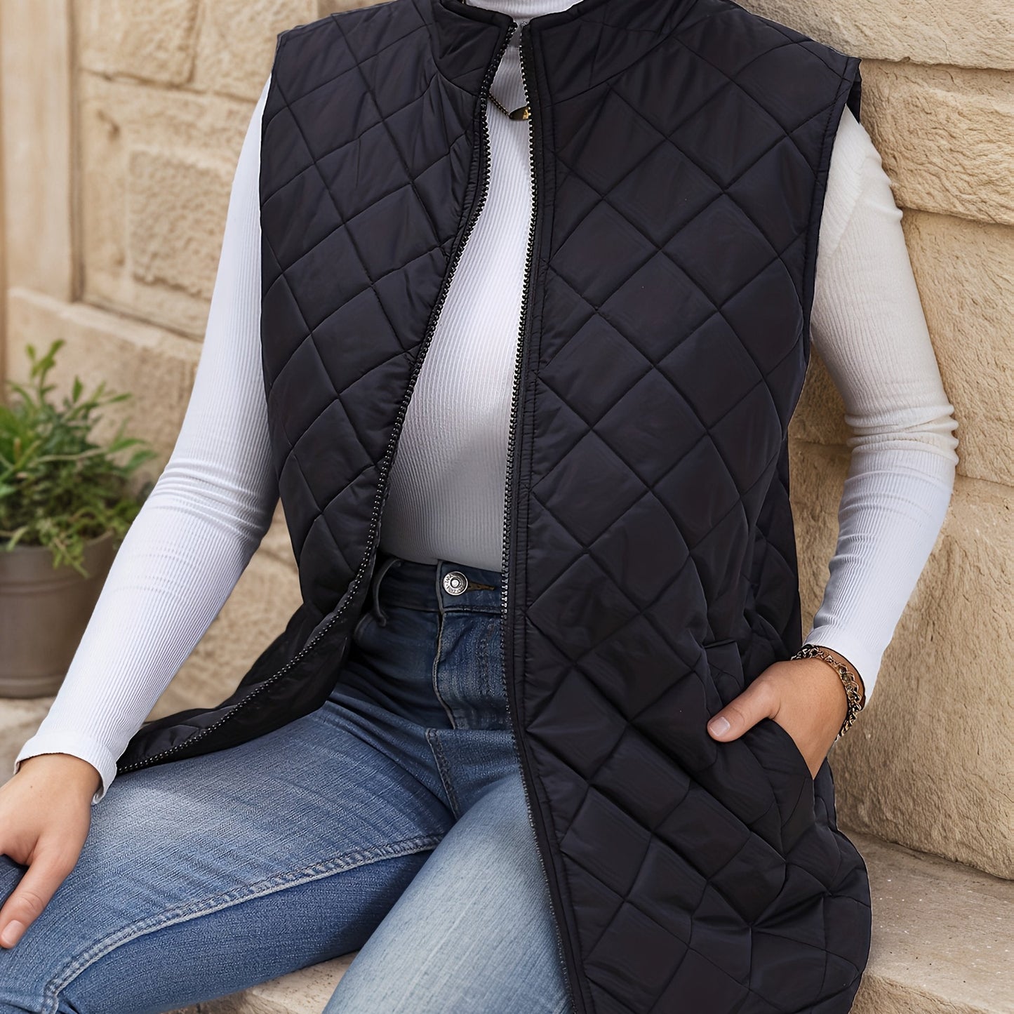 Diamond Quilted Longline Vest – Women's Sleeveless Zip Puffer Vest