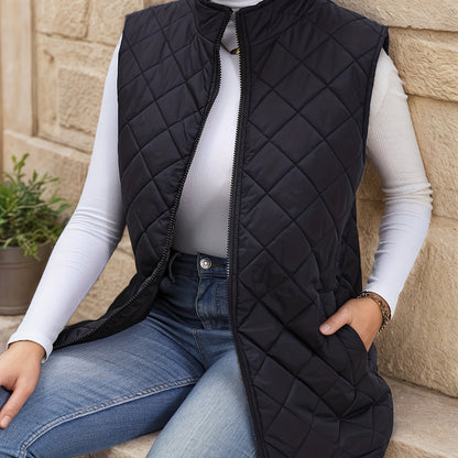 Diamond Quilted Longline Vest – Women's Sleeveless Zip Puffer Vest