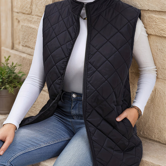 Diamond Quilted Longline Vest – Women's Sleeveless Zip Puffer Vest